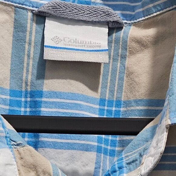 Columbia Men's Plaid Short Sleeve Button-Up Shirt L Beige & Blue Cotton - Picture 2 of 6